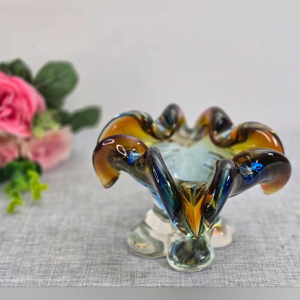Vintage Italian Murano? Art Glass Cobalt‎ Blue & Gold Orange Ashtray 5.5" x 4"
